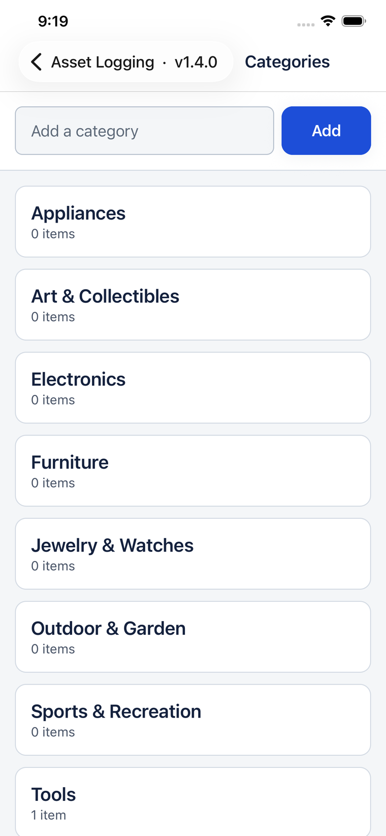 The Categories screen, listing the eight it starts with: Appliances, Art & Collectibles, Electronics, Furniture, Jewelry & Watches, Outdoor & Garden, Sports & Recreation, and Tools — with a field above to add your own.